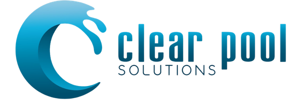 Clear Pool Solutions logo featuring a blue crescent water symbol next to the brand name.