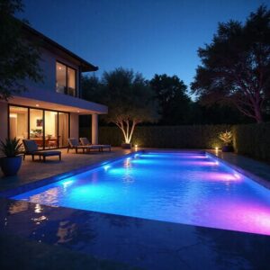Modern house with glass doors at night, adjacent lounge chairs, and a rectangular pool glowing blue and pink lights.