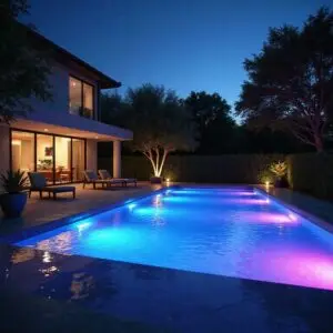Modern house with glass doors at night, adjacent lounge chairs, and a rectangular pool glowing blue and pink lights.