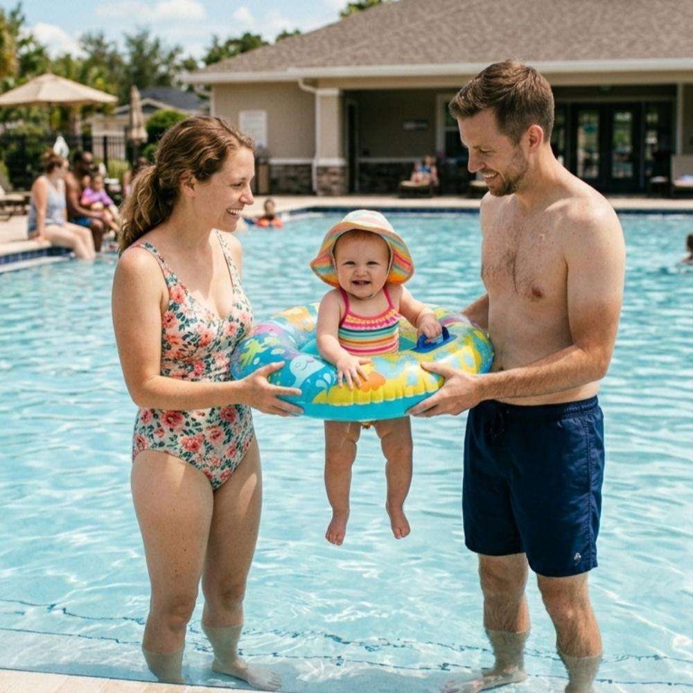 Parents lift a smiling baby in a colorful inflatable ring at a sunny poolside.
