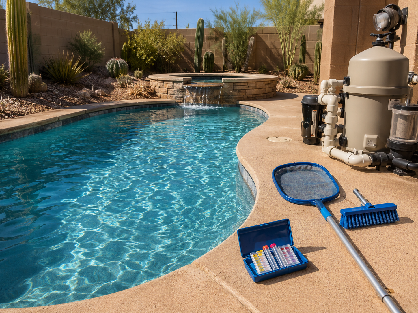 Backyard swimming pool with a spa-like raised water feature, surrounded by desert plants and a stucco wall.