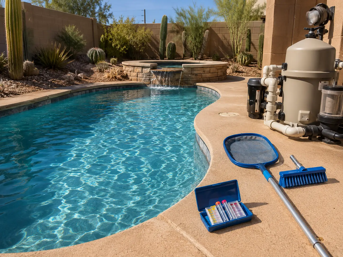 Backyard swimming pool with a spa-like raised water feature, surrounded by desert plants and a stucco wall.